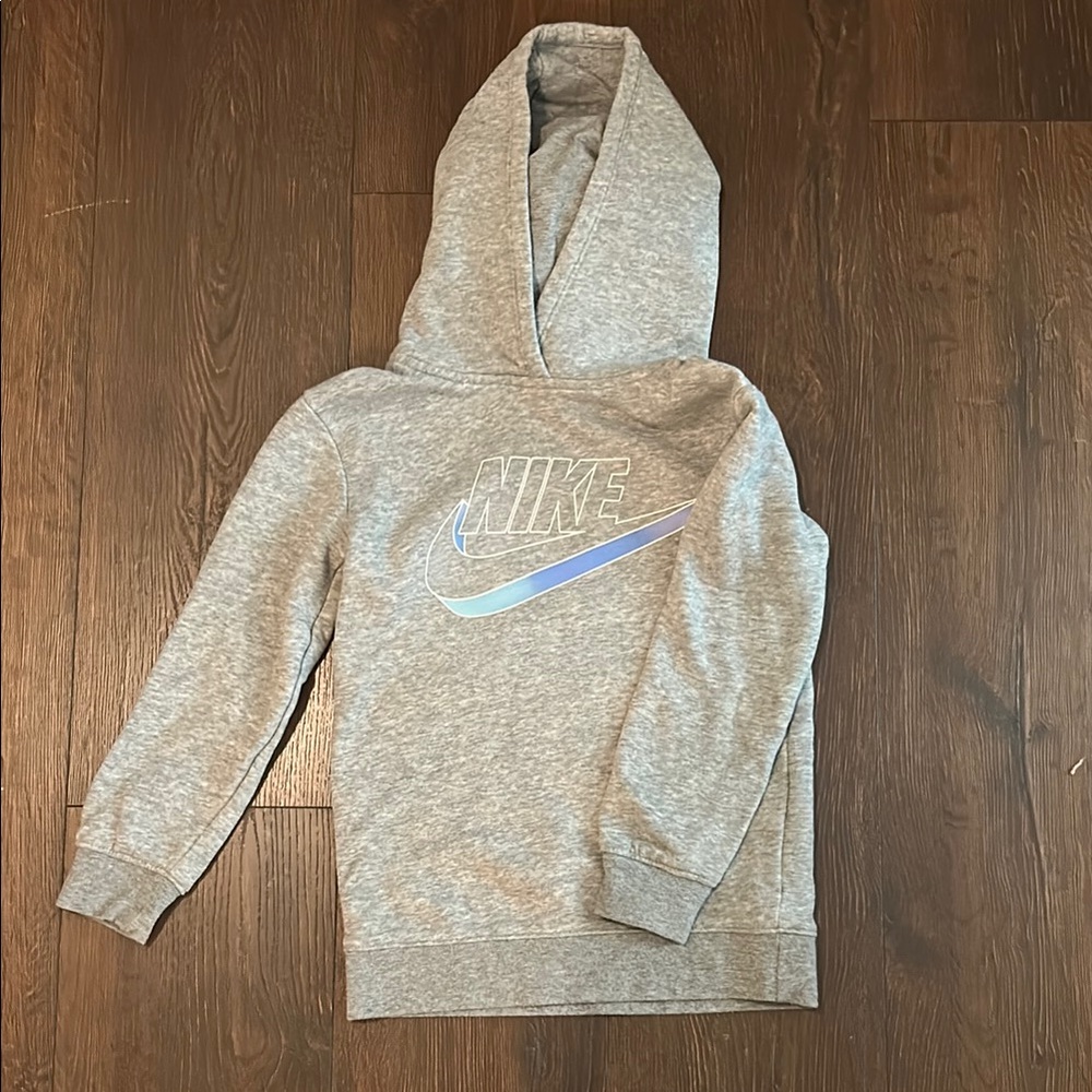 Nike Girls Light Gray Hoodie with Blue Logo